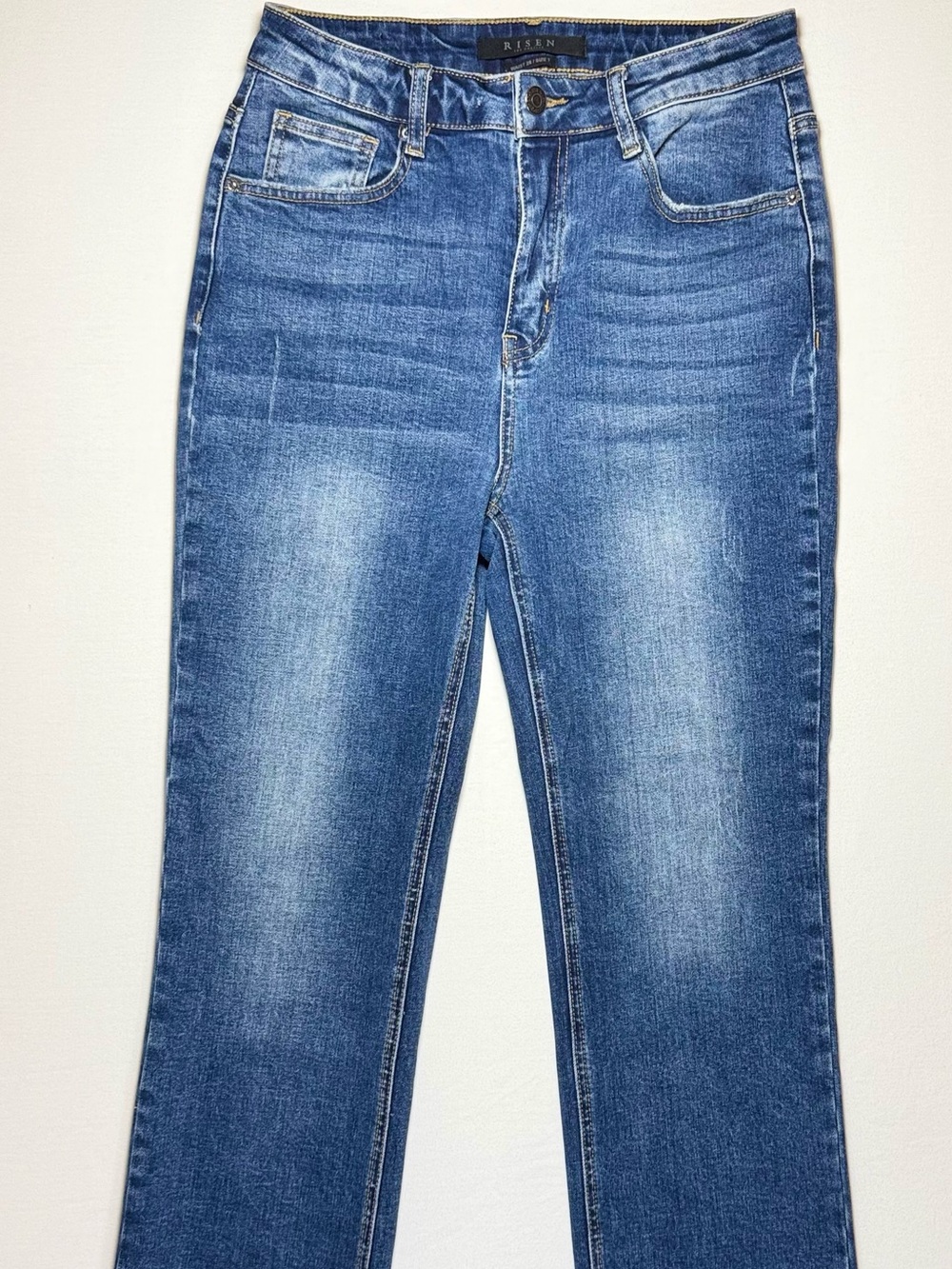 Risen Women’s High Rise Straight Leg Jeans Raw Hem Medium Wash